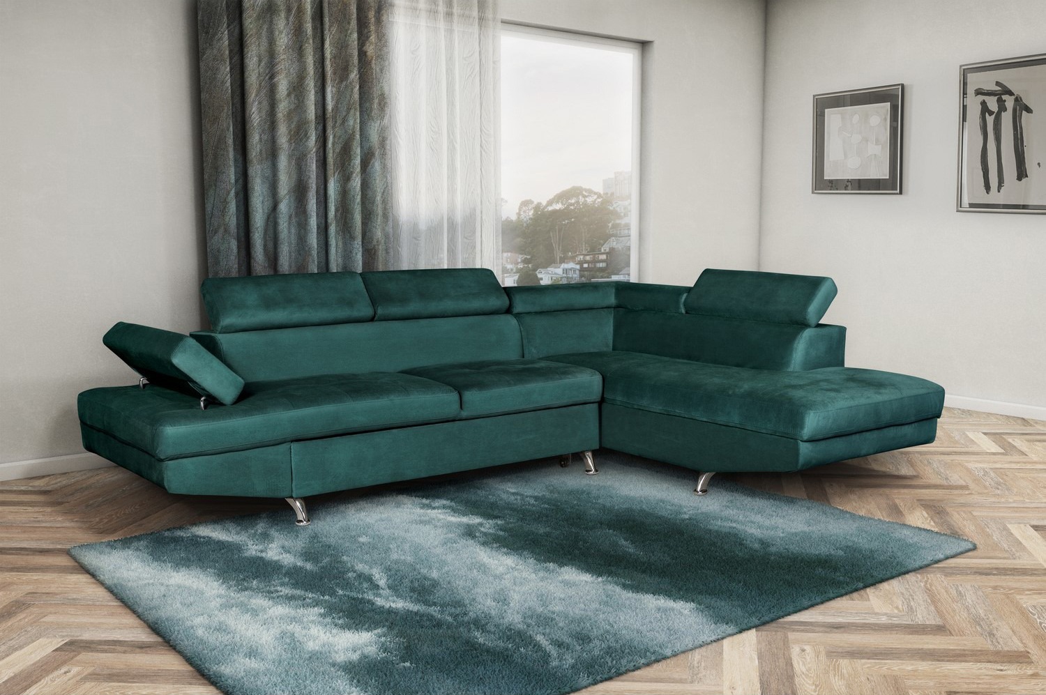 Canapea coltar - extensibila, pozitionare stanga, verde, moderna