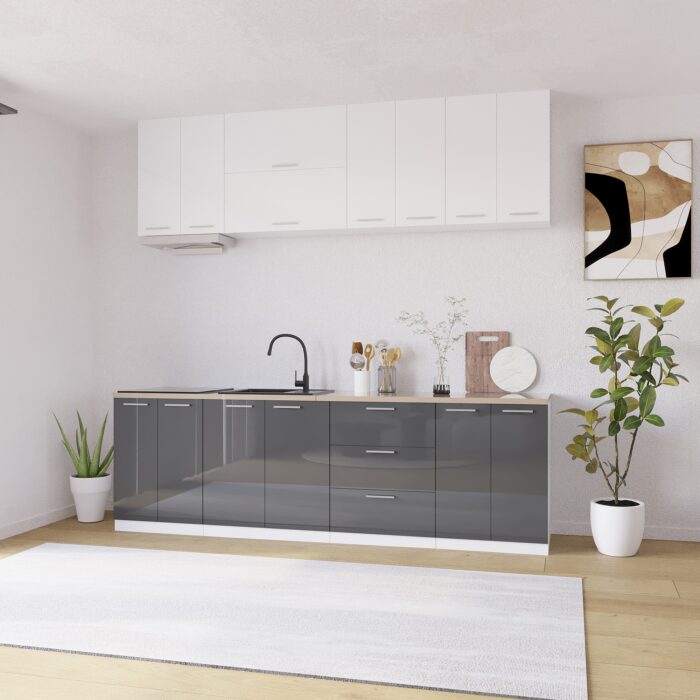 Bucatarie Londra MDF lucios, gri cu alb optic, 2.6 m - imagine 1