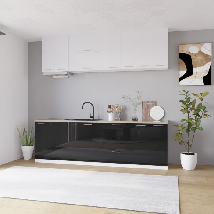 Bucatarie Londra, MDF lucios, negru cu alb gri, 2.6 m - imagine 1