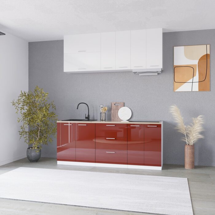 Bucatarie Londra MDF lucios, rosu cu alb optic, 2 m - imagine 1