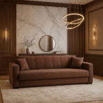 Canapea extensibila cu spatiu depozitare Agnes catifea Maro